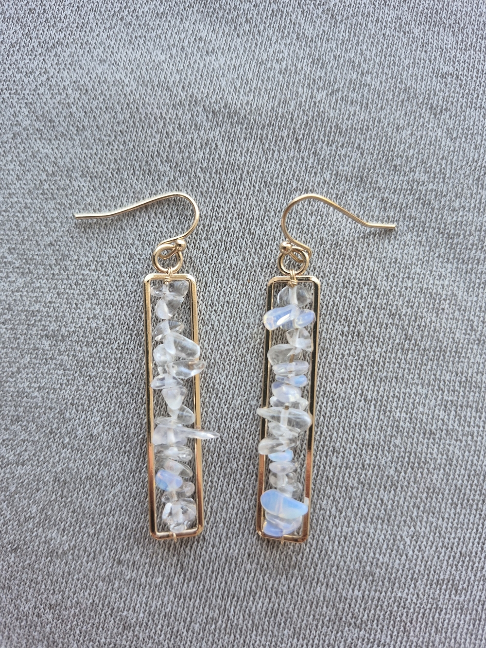 Gold Bar Drop Earrings with Clear Crystal Chips